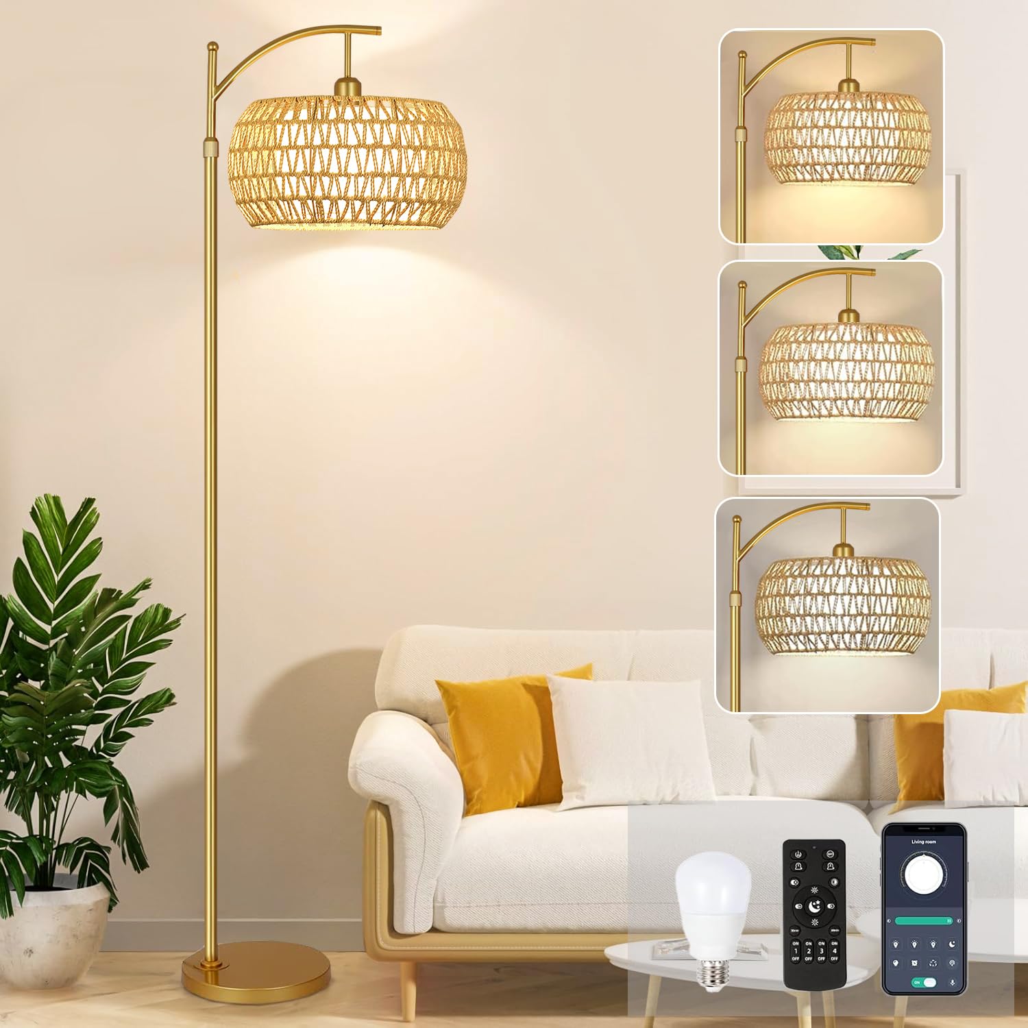 ZECOXOL gold arc floor lamp with 360-degree rotation for flexible lighting.