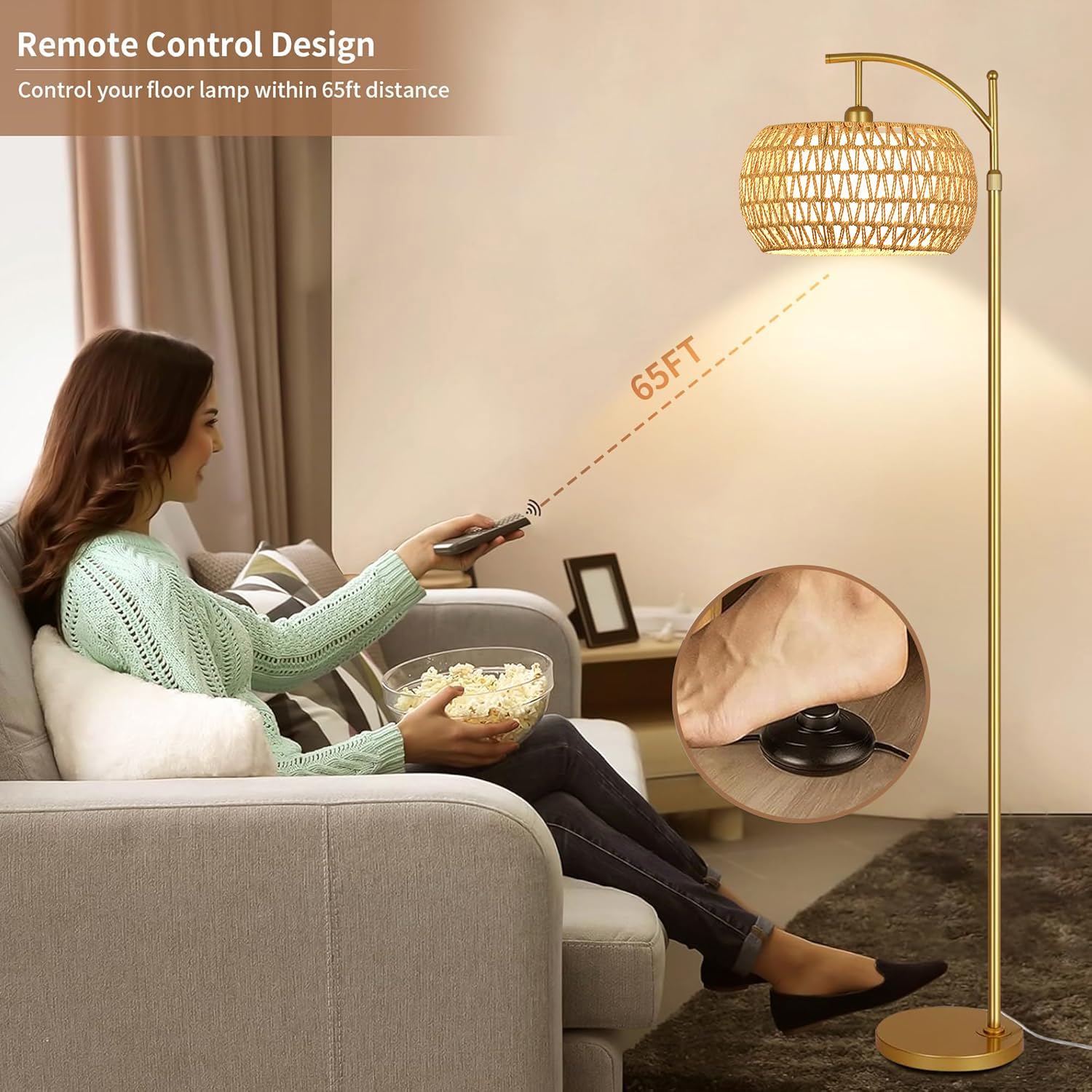 ZECOXOL rattan shade adds boho texture to living spaces.