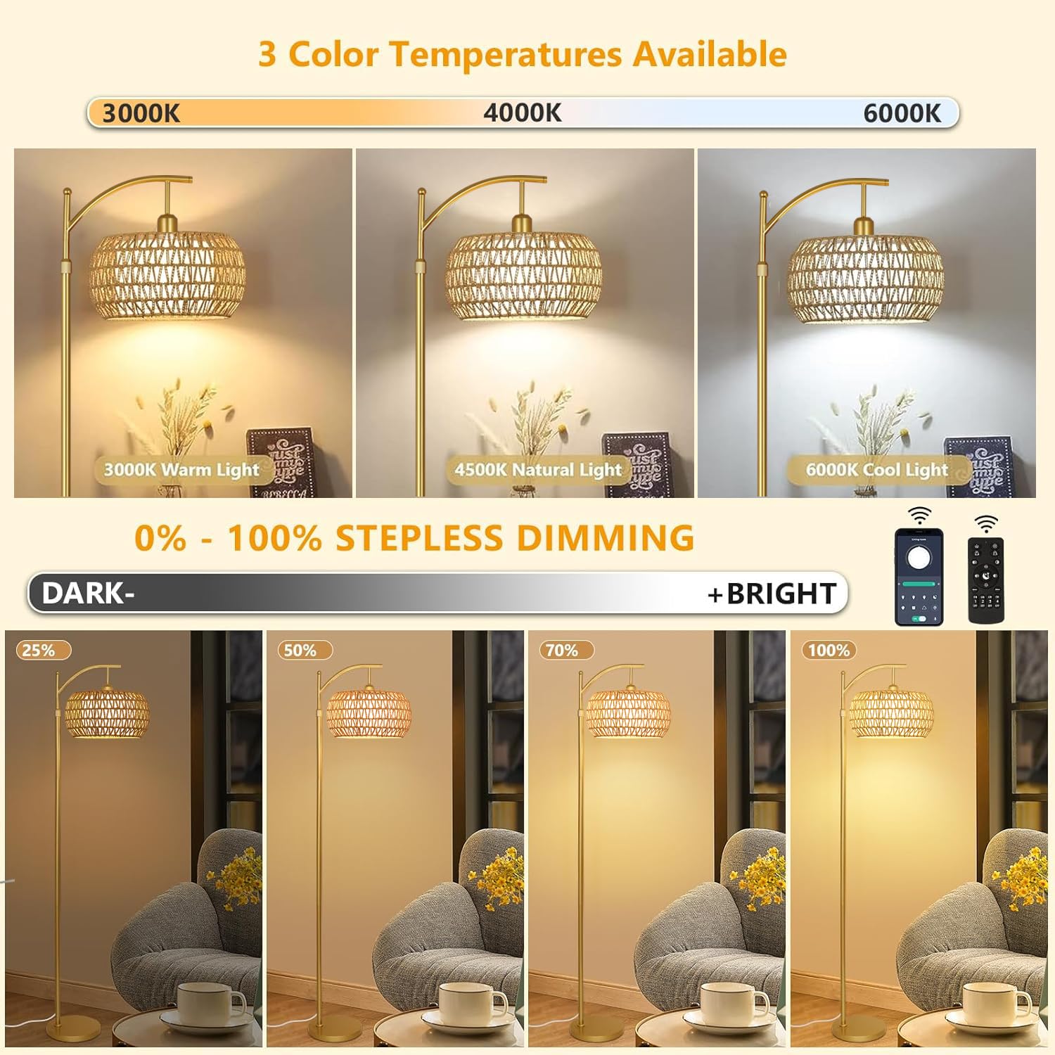 ZECOXOL gold arc lamp remote control for easy brightness and color adjustment.