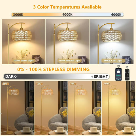 ZECOXOL gold arc lamp remote control for easy brightness and color adjustment.