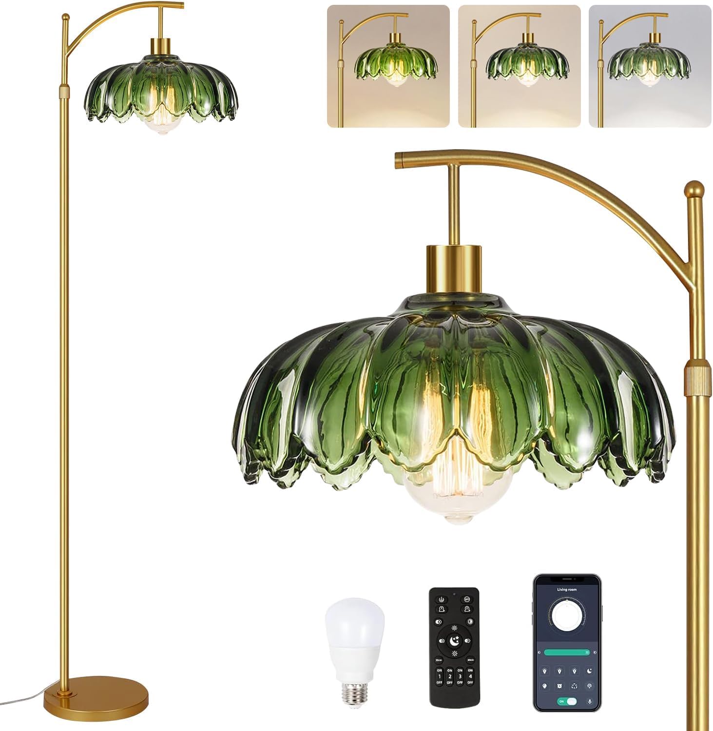 ZECOXOL gold floor lamp with arc flower, adds dramatic lighting to living areas.