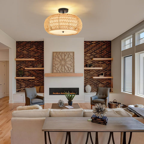 ZECOXOL woven 3-light rattan chandelier adds cozy style to living spaces.