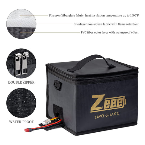 Zeee LiPo Bag Open—reveals inner fireproof layers for safer transit.