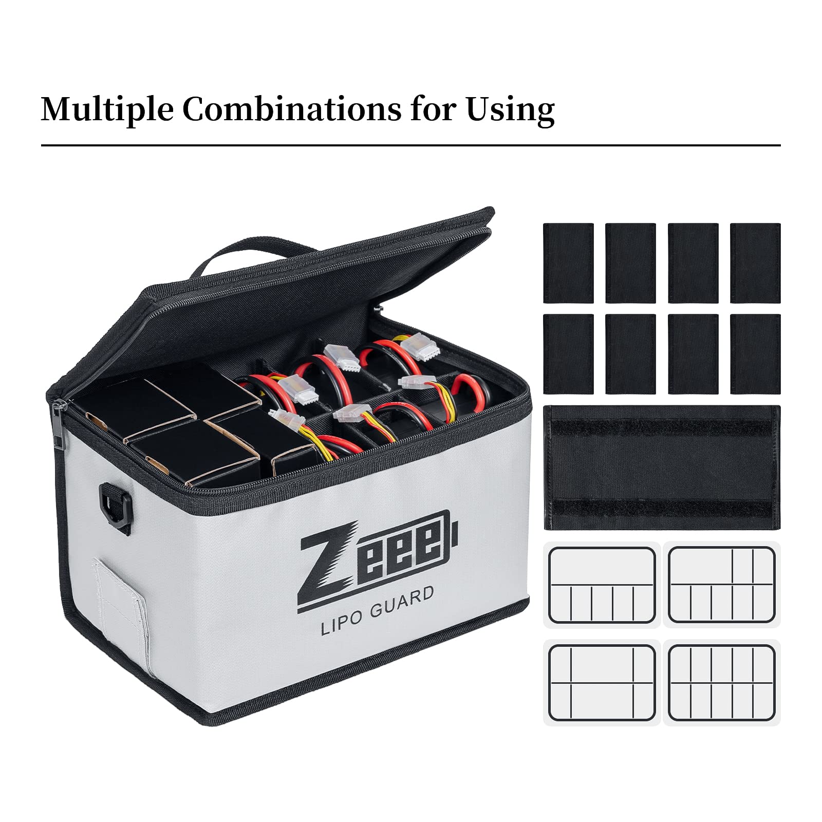 Zeee LiPo Safe Bag 10-cell adjustable design for flexible storage.