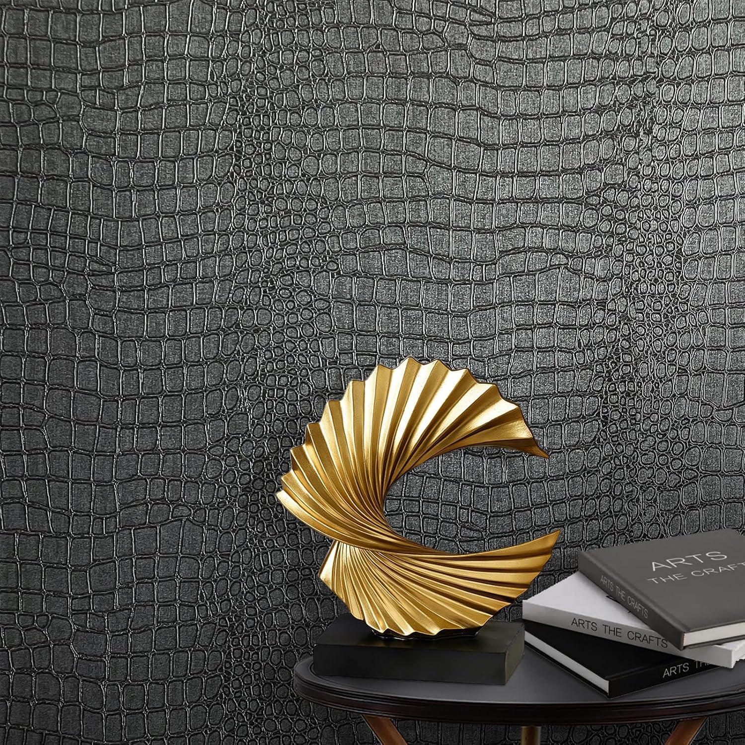 Zeeko black peel-and-stick wallpaper with crocodile texture for easy decor updates.