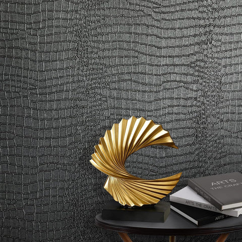 Zeeko black peel-and-stick wallpaper with crocodile texture for easy decor updates.