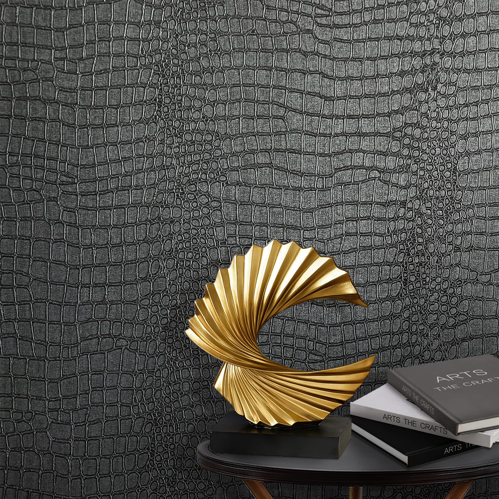 Zeeko black crocodile texture wallpaper adds depth to walls and hides minor blemishes.
