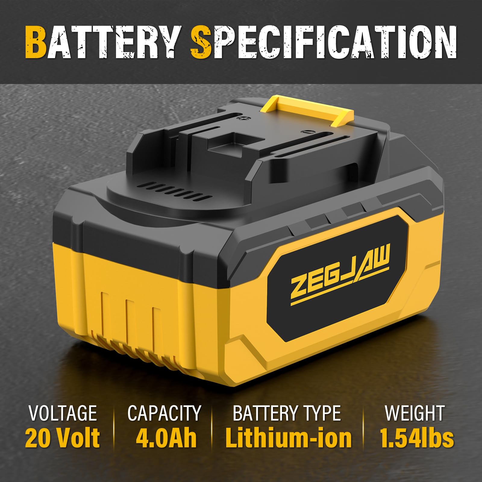 ZEGJAW 20V 4.0Ah battery back view highlighting durable design.