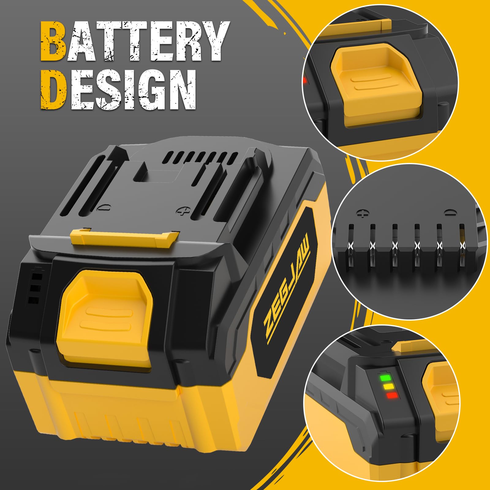 ZEGJAW 20V 4.0Ah battery side profile with integrated safety microchip.