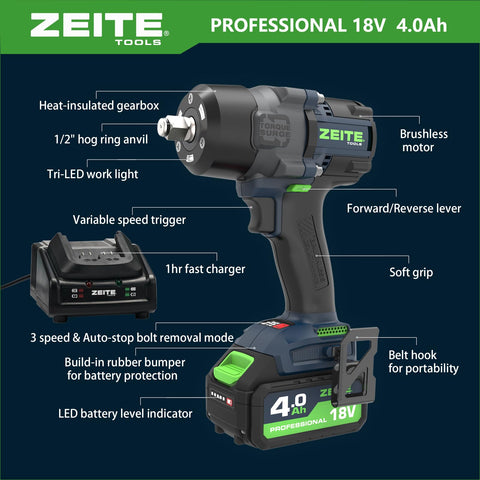 Zeite 18V cordless impact wrench kit side view with battery and handle for extended sessions