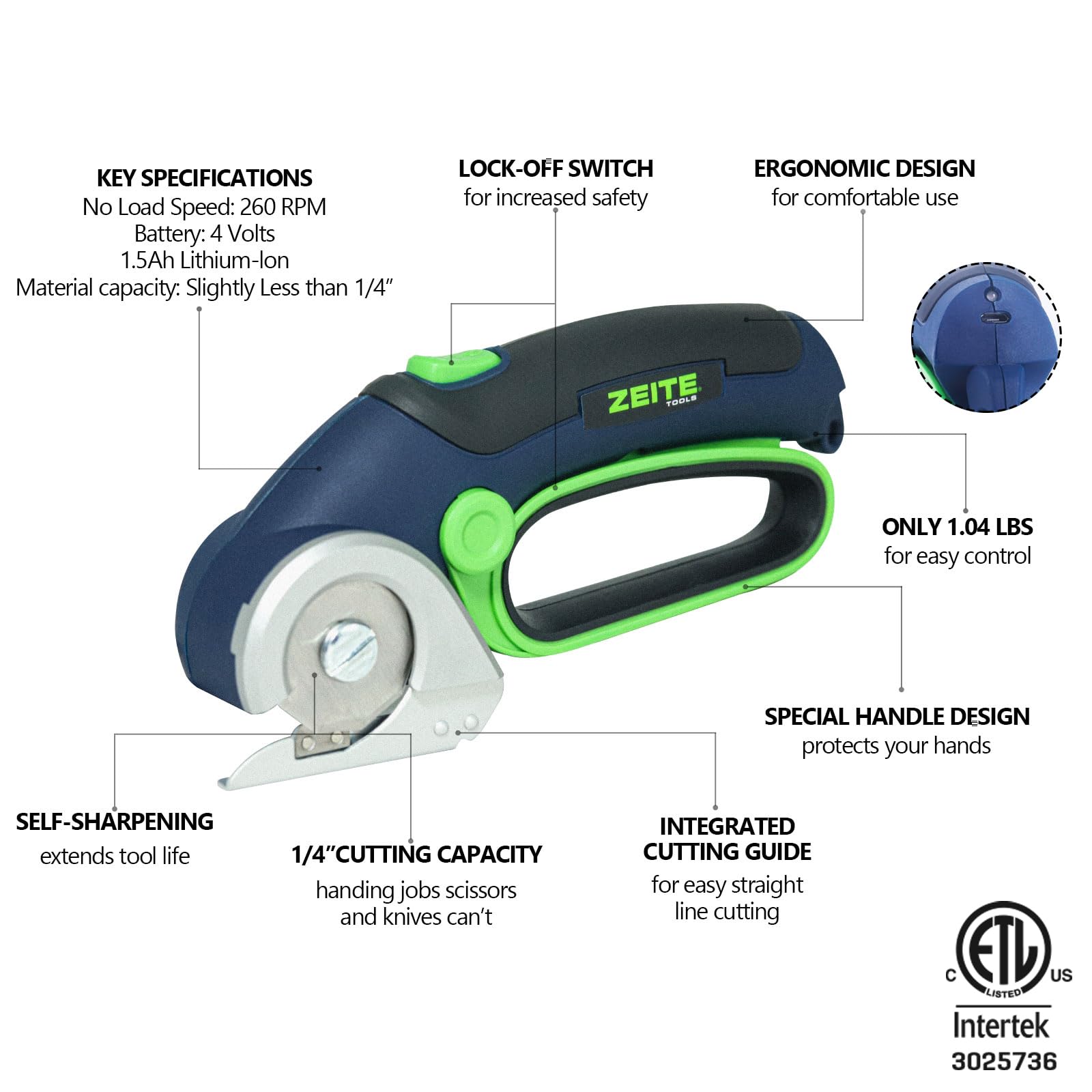 Zeite 4V cordless scissors side handle for ergonomic control during crafting.