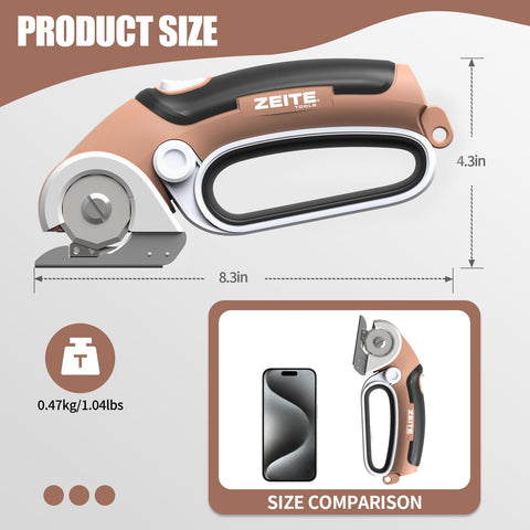 Zeite 4V cordless scissors performing smooth rotary cuts on cardboard and plastic.
