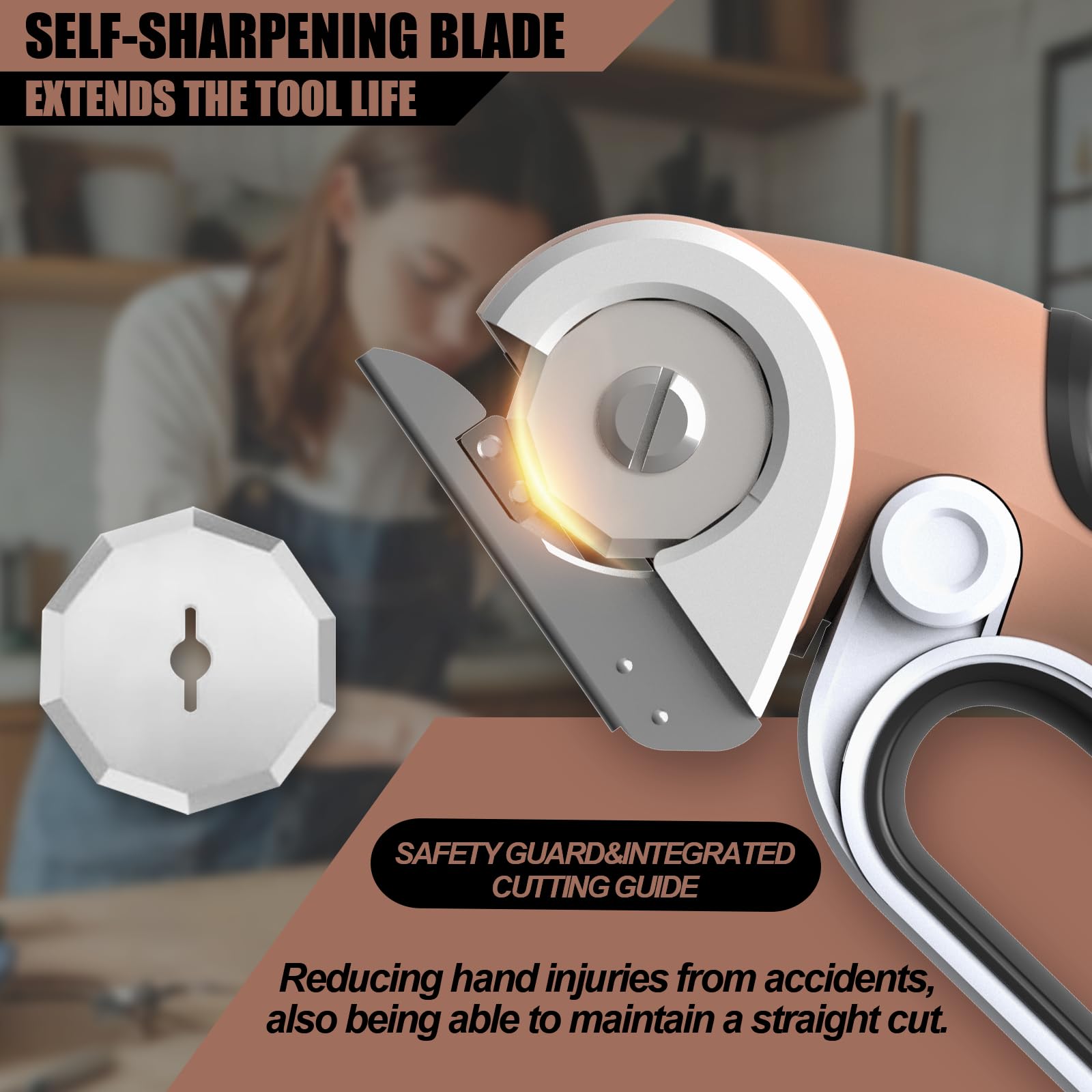 Safety lock prevents accidental starts on Zeite 4V cordless scissors.