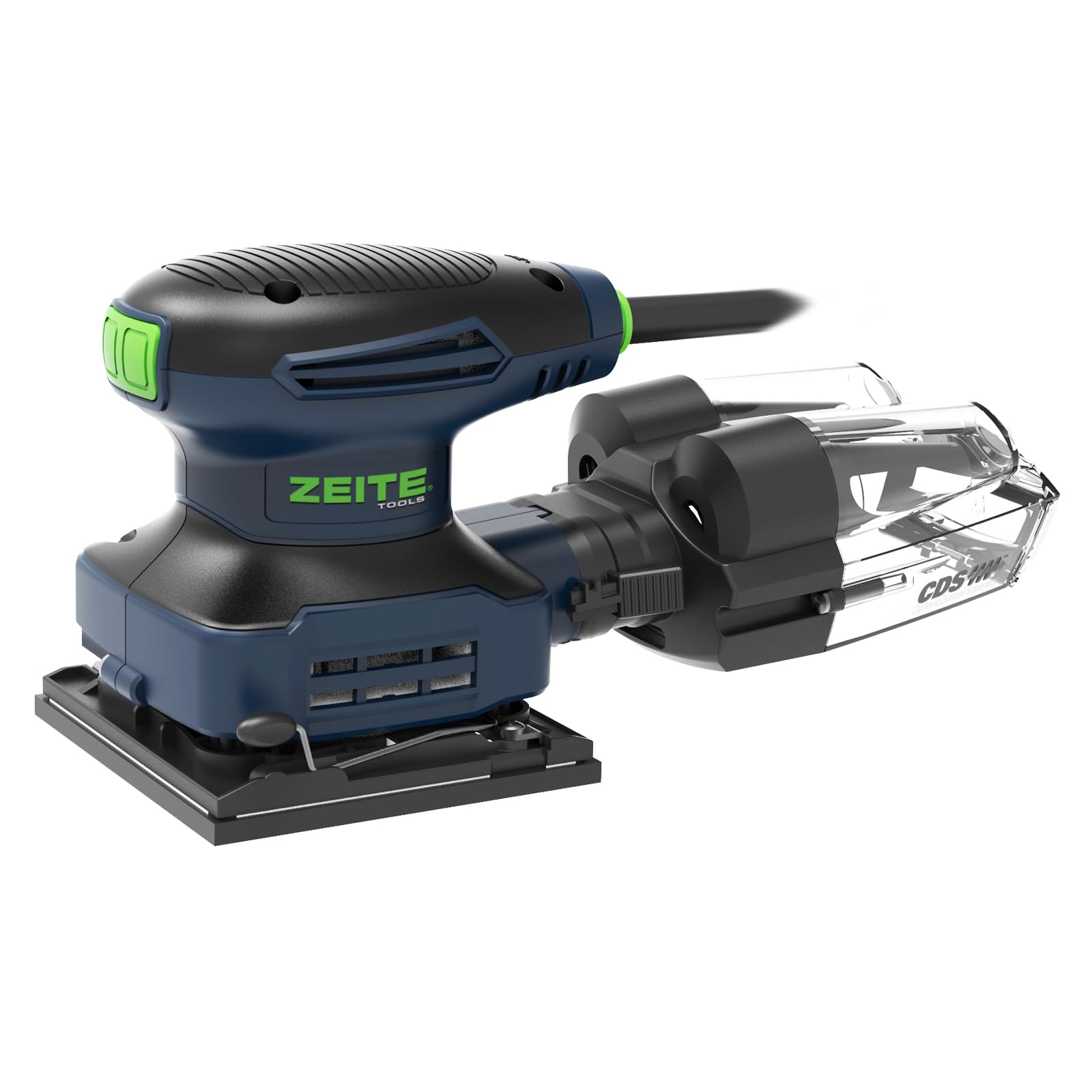 Zeite quarter-sheet sander front view highlighting compact design for precise sanding.