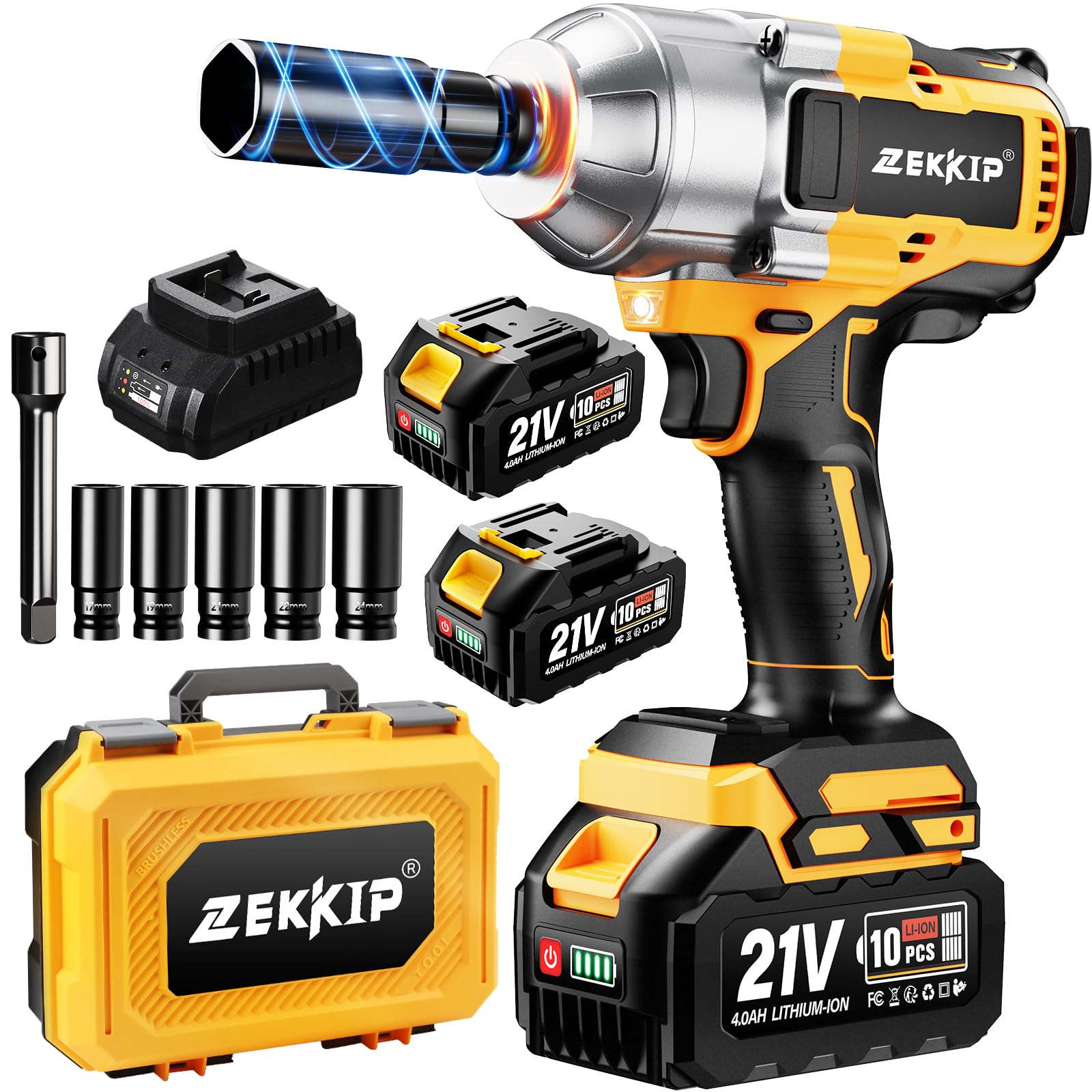 Zekkip 1/2-inch cordless impact wrench front view showing high torque and control.