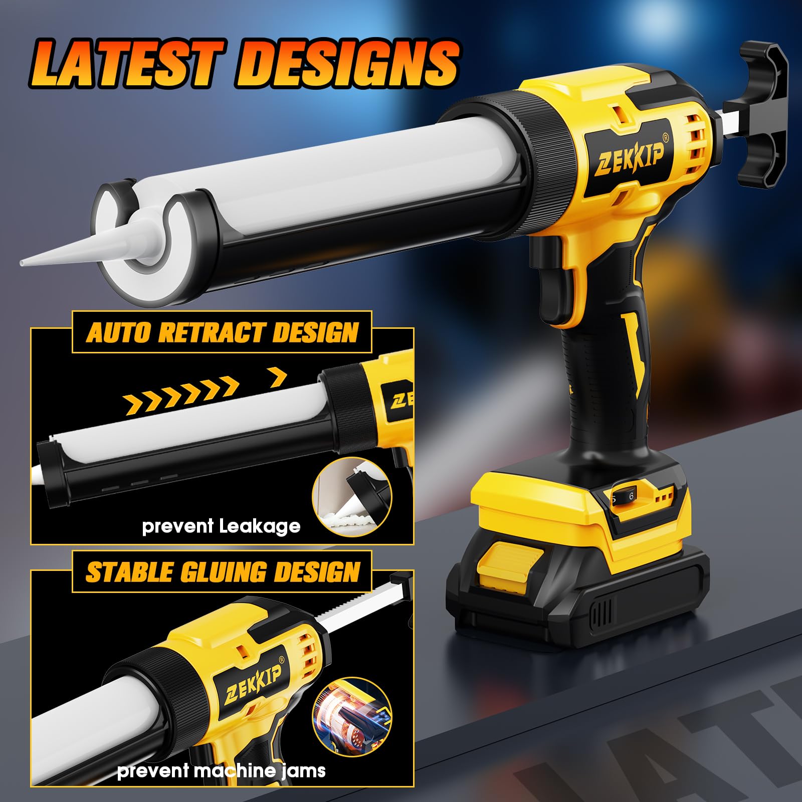 Zekkip cordless caulking gun with six-speed control for smooth dispensing.