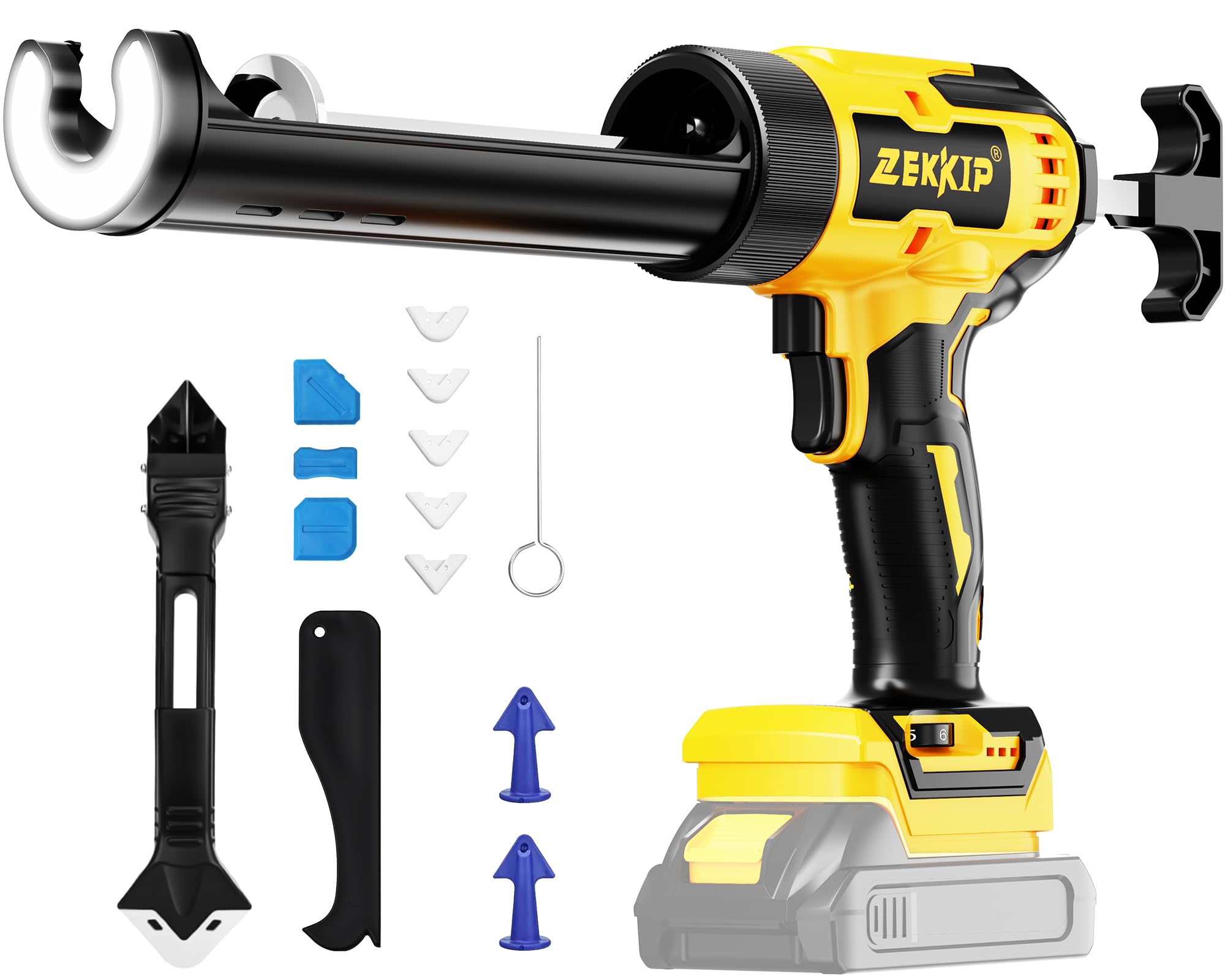 Zekkip cordless caulking gun with LED light for precise applications in dim spaces.