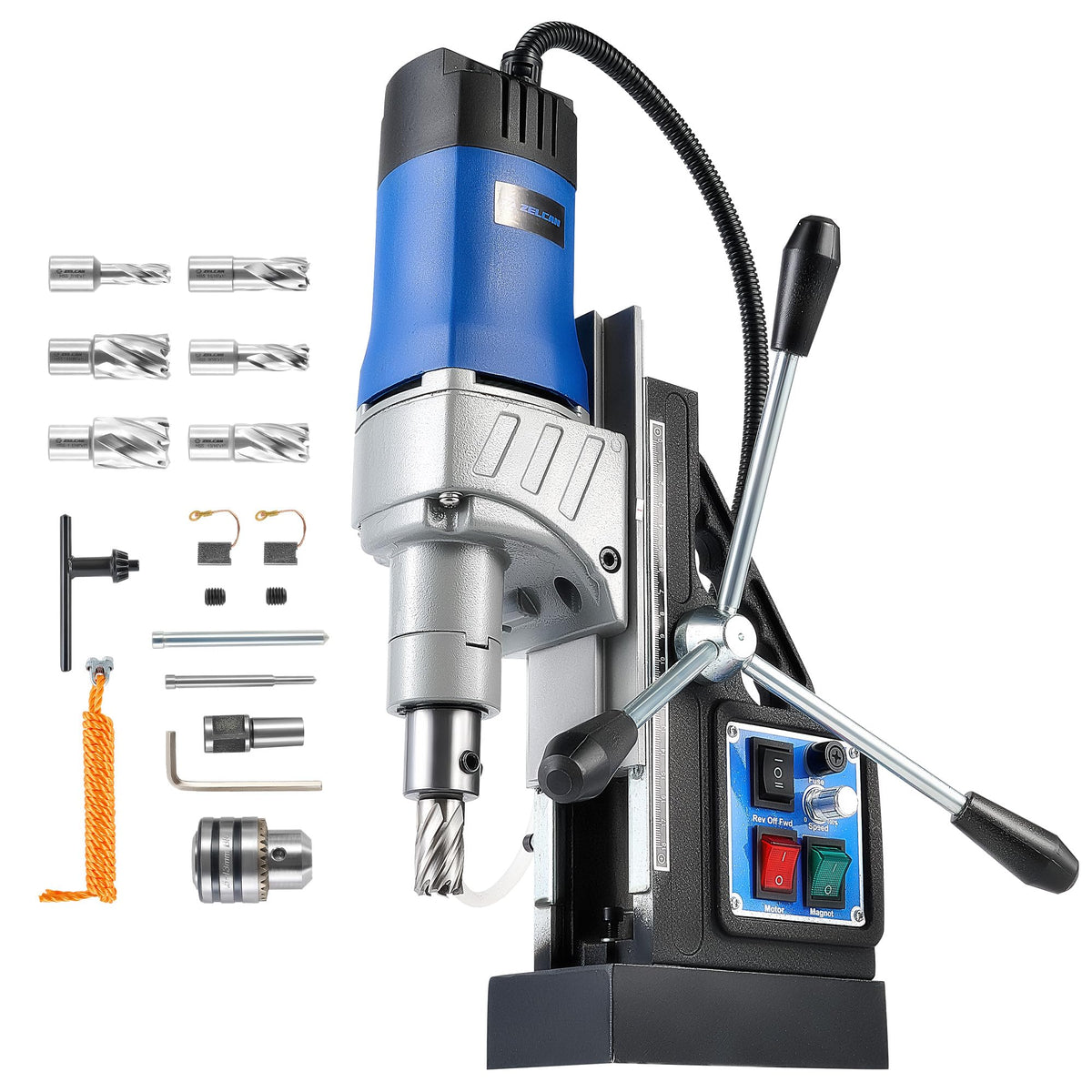 ZELCAN mag drill press on workbench for precise metal drilling.