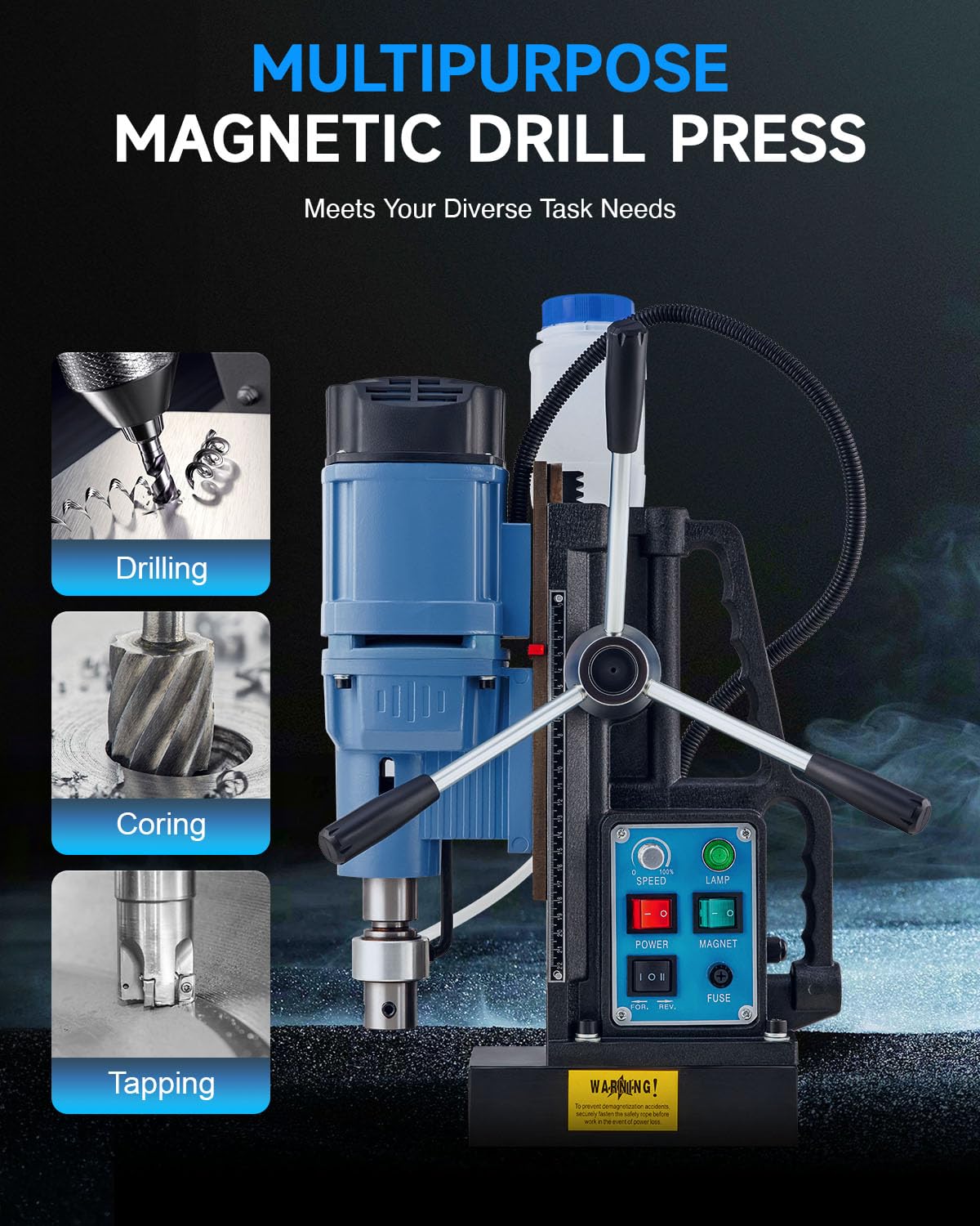 ZELCAN magnetic drill press 2in-hole-capacity used on thick metal for efficient drilling.