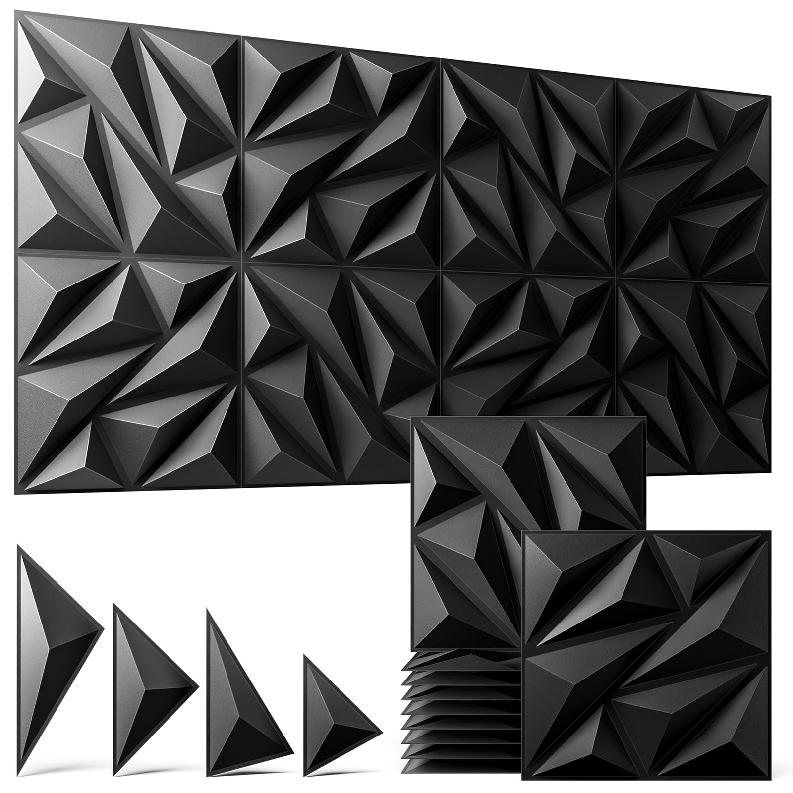 ZELMINE 3D wall panels in black with diamond texture create a striking feature wall and modern backdrop.