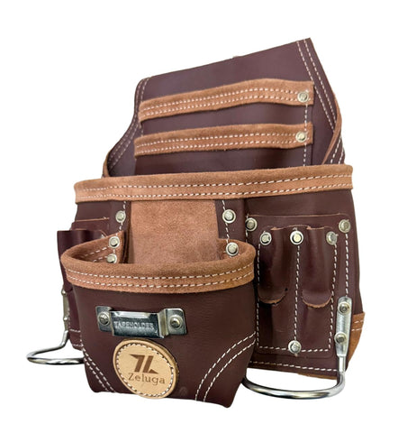 Zeluga brown suede leather tool bag highlighting rugged stitching for durability
