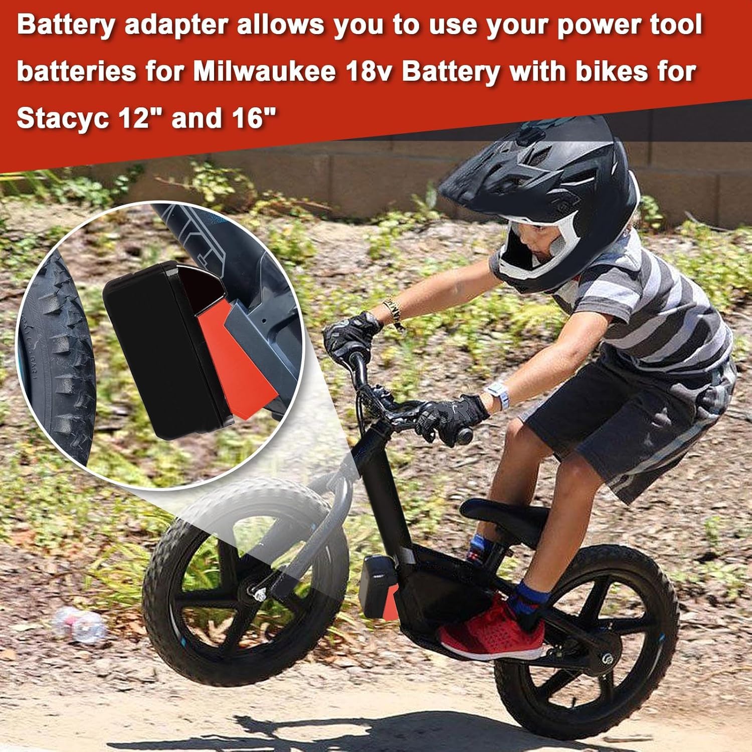 Zelvoro Stacyc 12-inch compatibility for Milwaukee 18V battery extension.