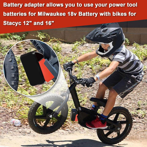 Zelvoro Stacyc 12-inch compatibility for Milwaukee 18V battery extension.