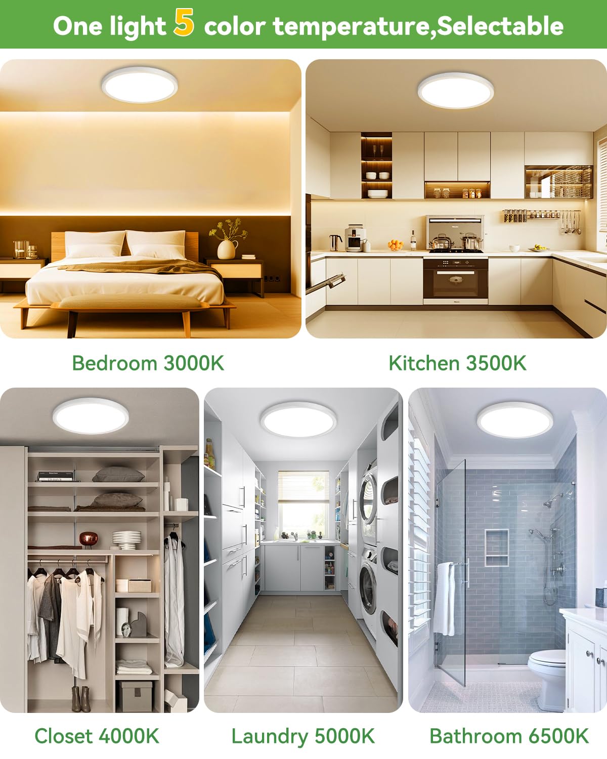 Zemty 6-pack LED flush-mount ceiling light 12in warm 3000K for cozy kitchens