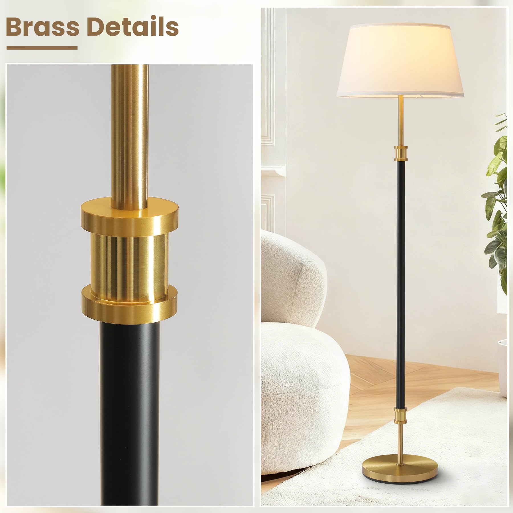 ZenGlimmer floor lamp brass-base provides stability on carpets and hardwood.