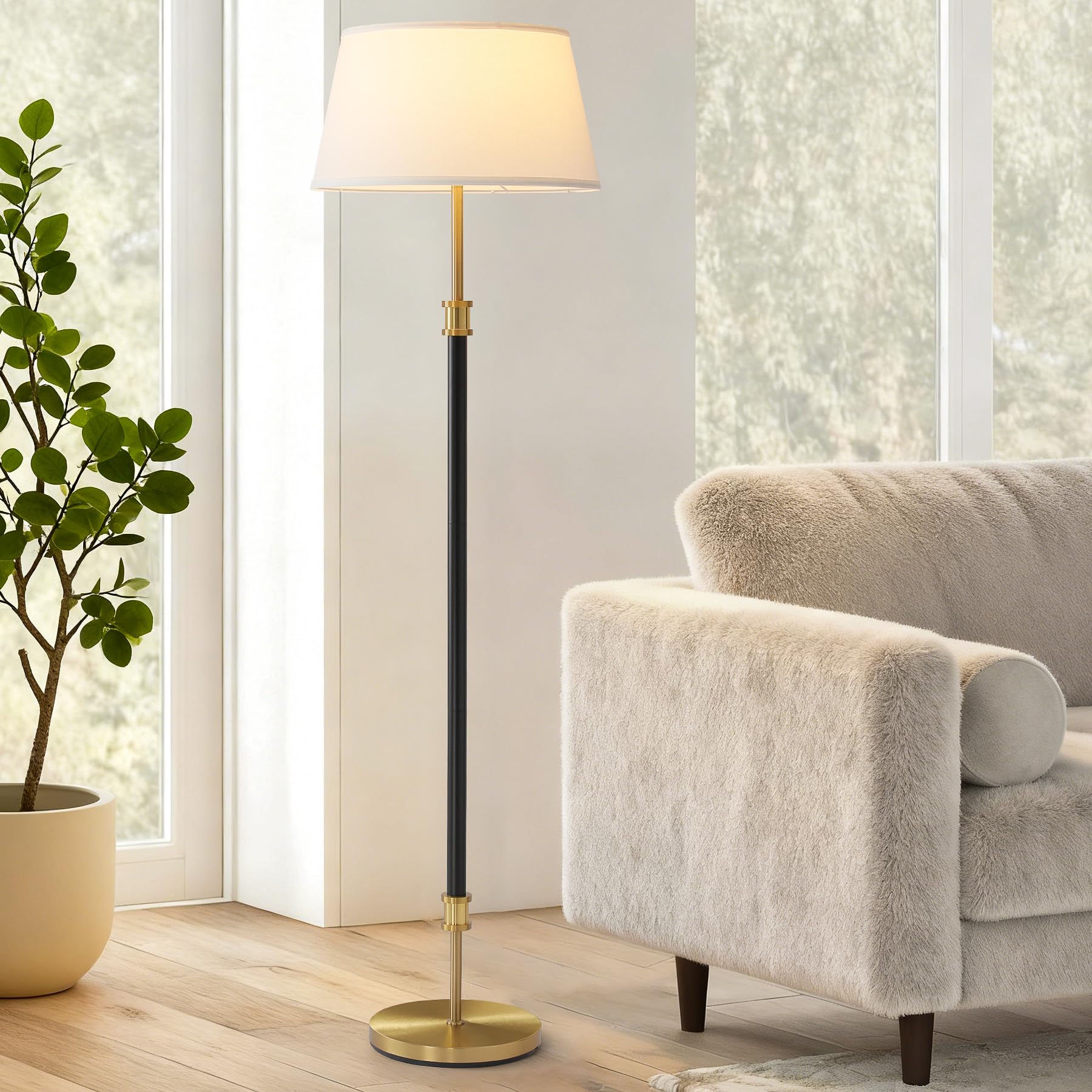 ZenGlimmer modern mid-century lamp with black-brass finish enhances upscale living rooms.