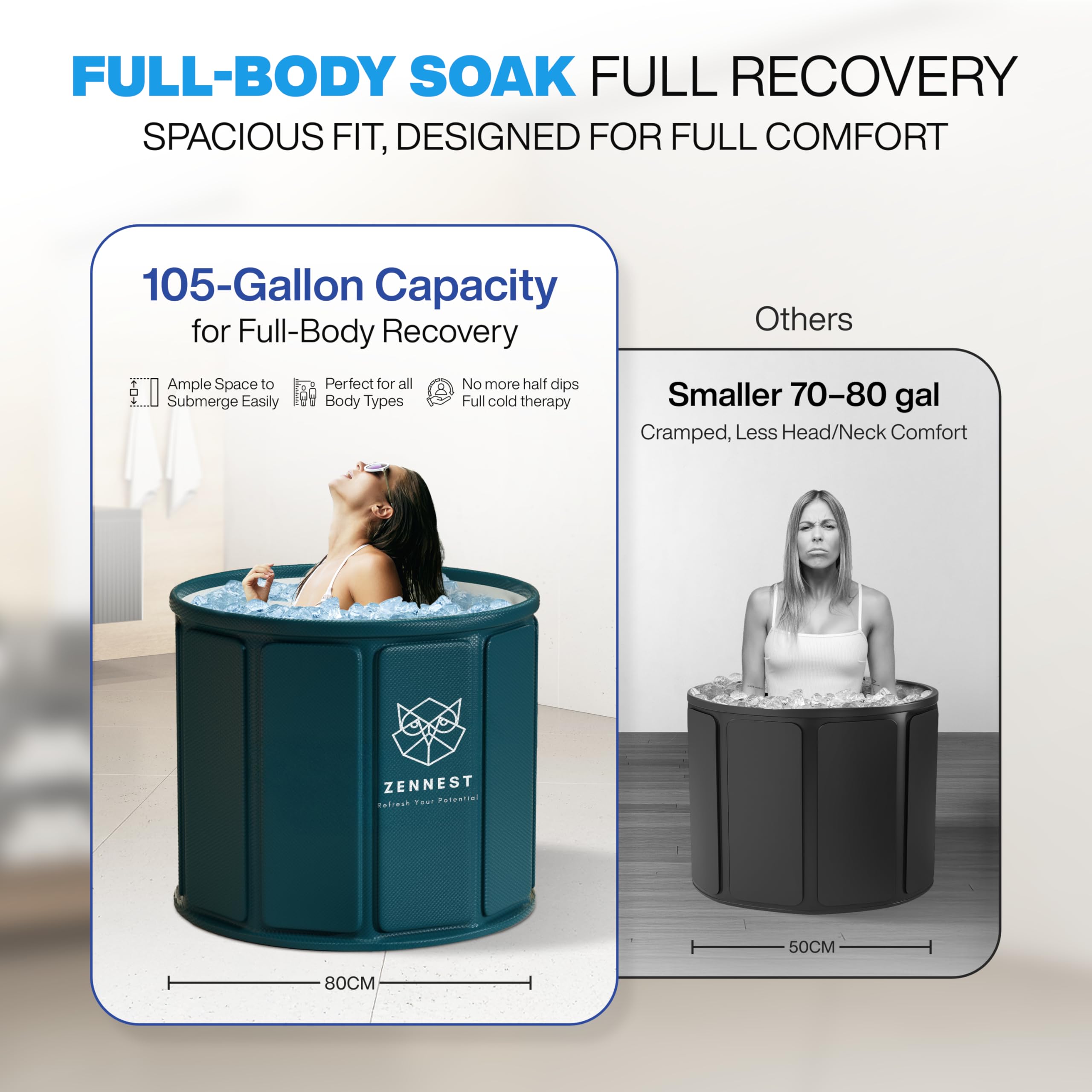 Zennest portable tub supports full-body immersion for recovery sessions.
