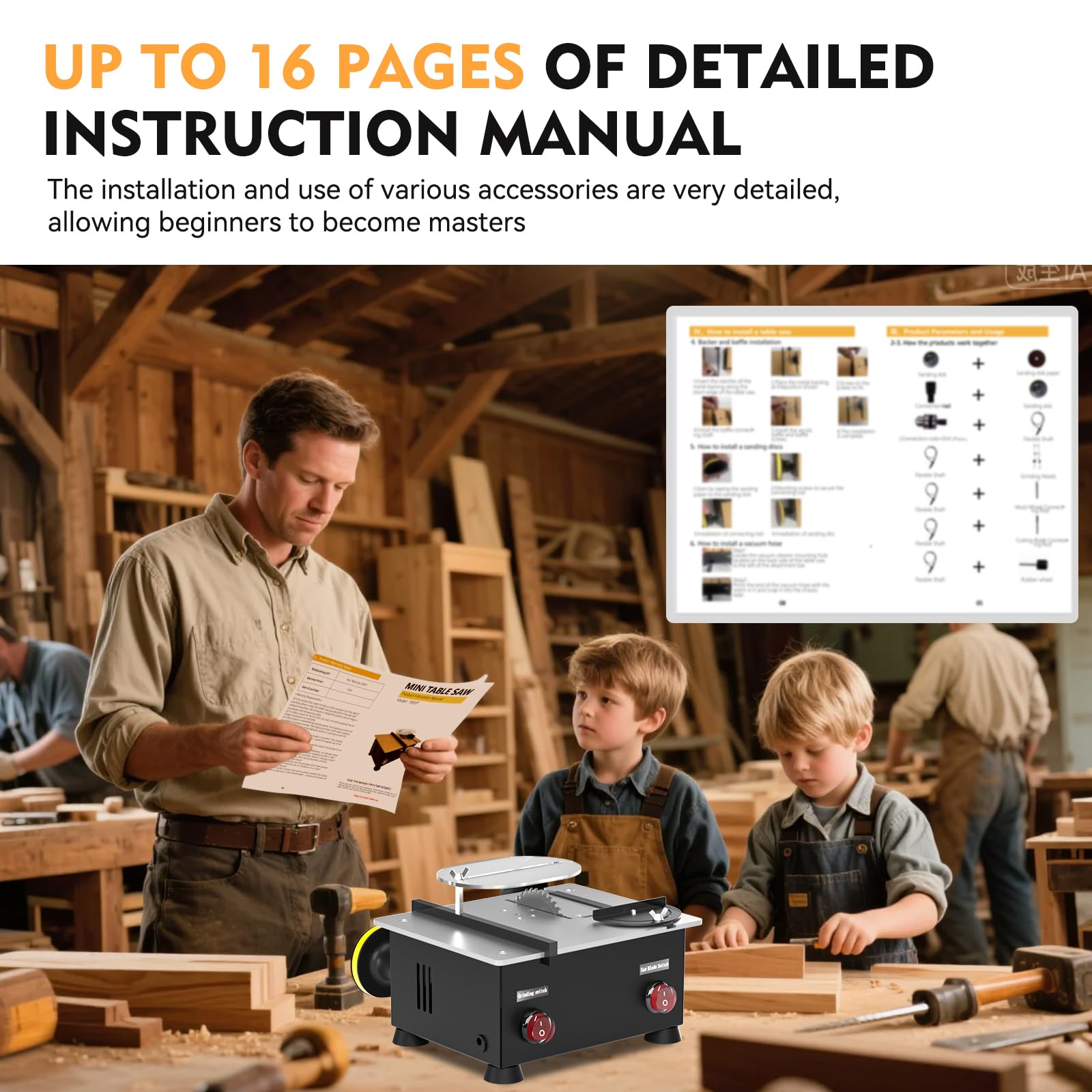 Zericuf Mini Table Saw extended tabletop improves material handling.