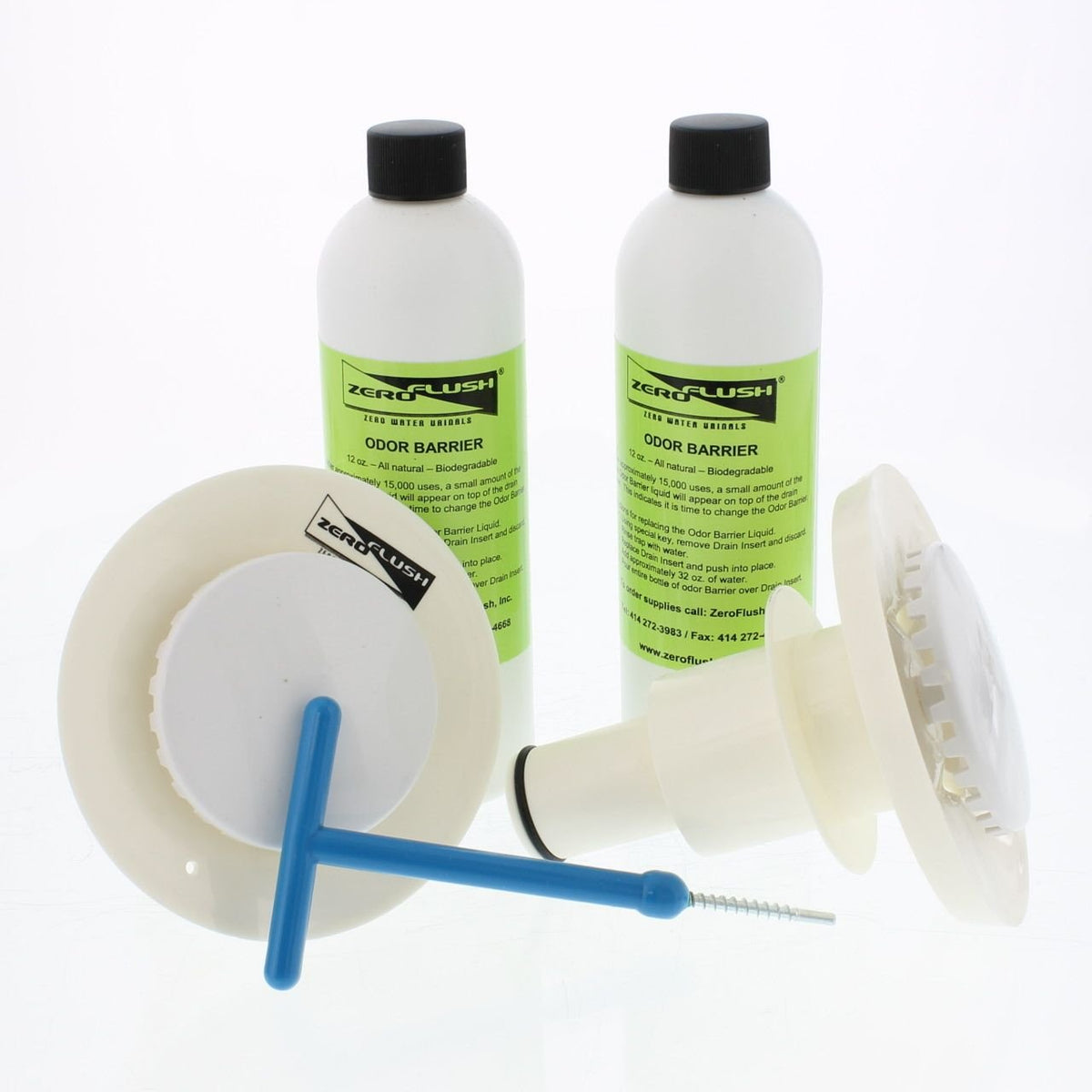 ZeroFlush ZF-KIT drain insert ready for maintenance and odor control in a restroom.