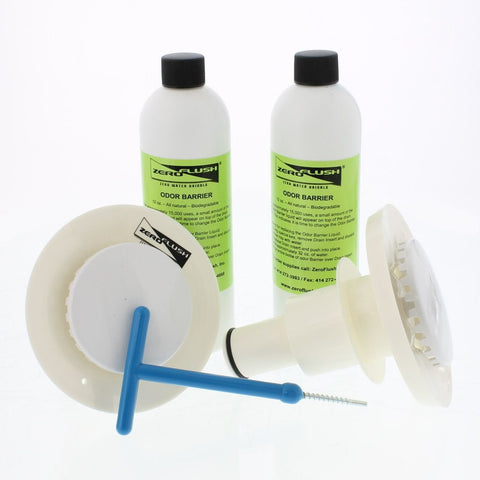 ZeroFlush ZF-KIT drain insert ready for maintenance and odor control in a restroom.