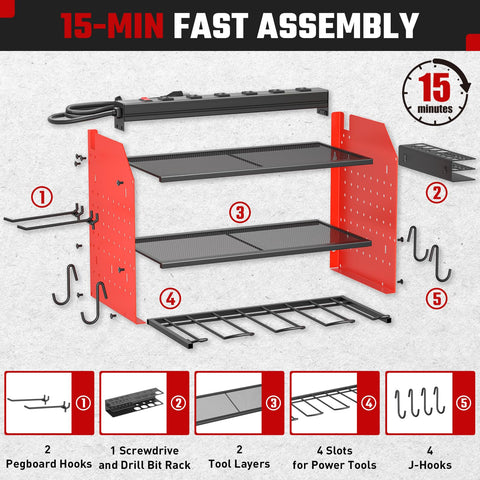 ZESEN power tool organizer drill-bit rack closeup showing sturdy steel.