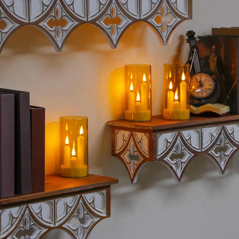 Zevanor amber candles showing flicker and steady lighting modes.