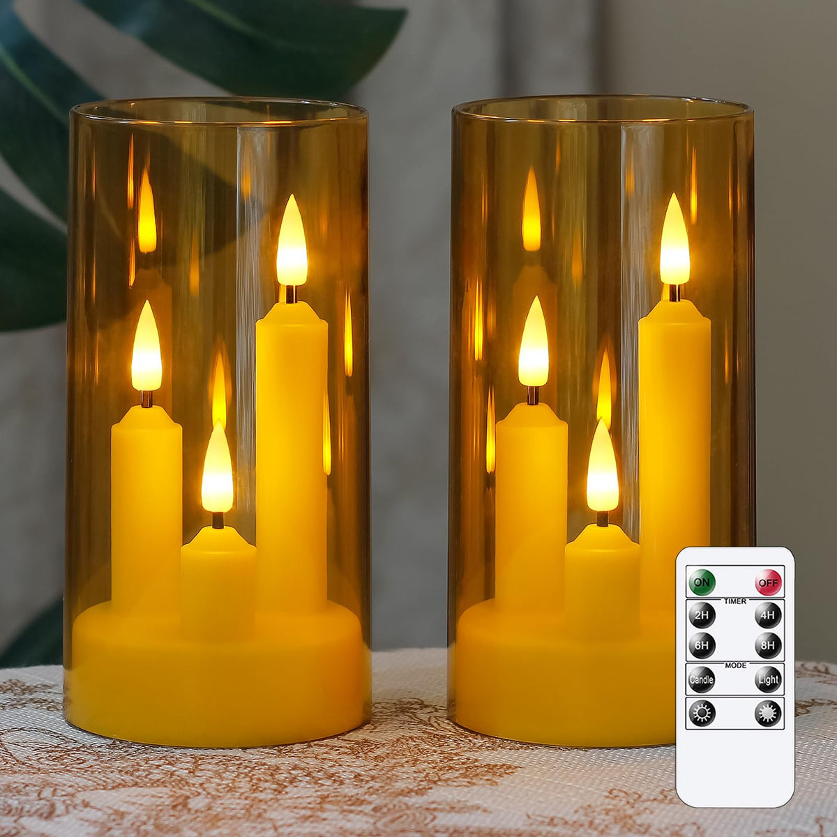 Zevanor flameless taper amber pillar candles glow softly for intimate gatherings.