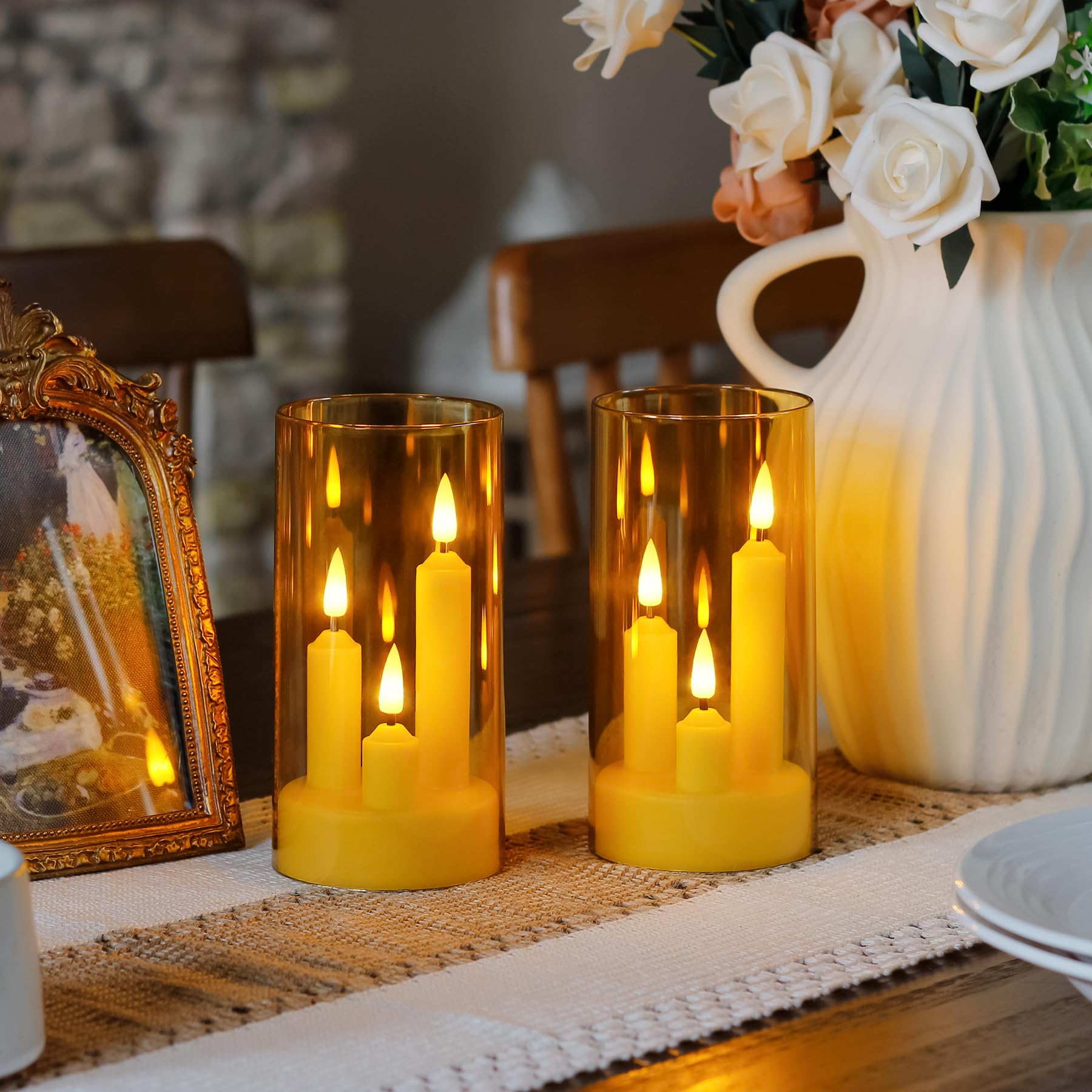 Zevanor amber pillar candles set a romantic lighting for dinners and weddings.