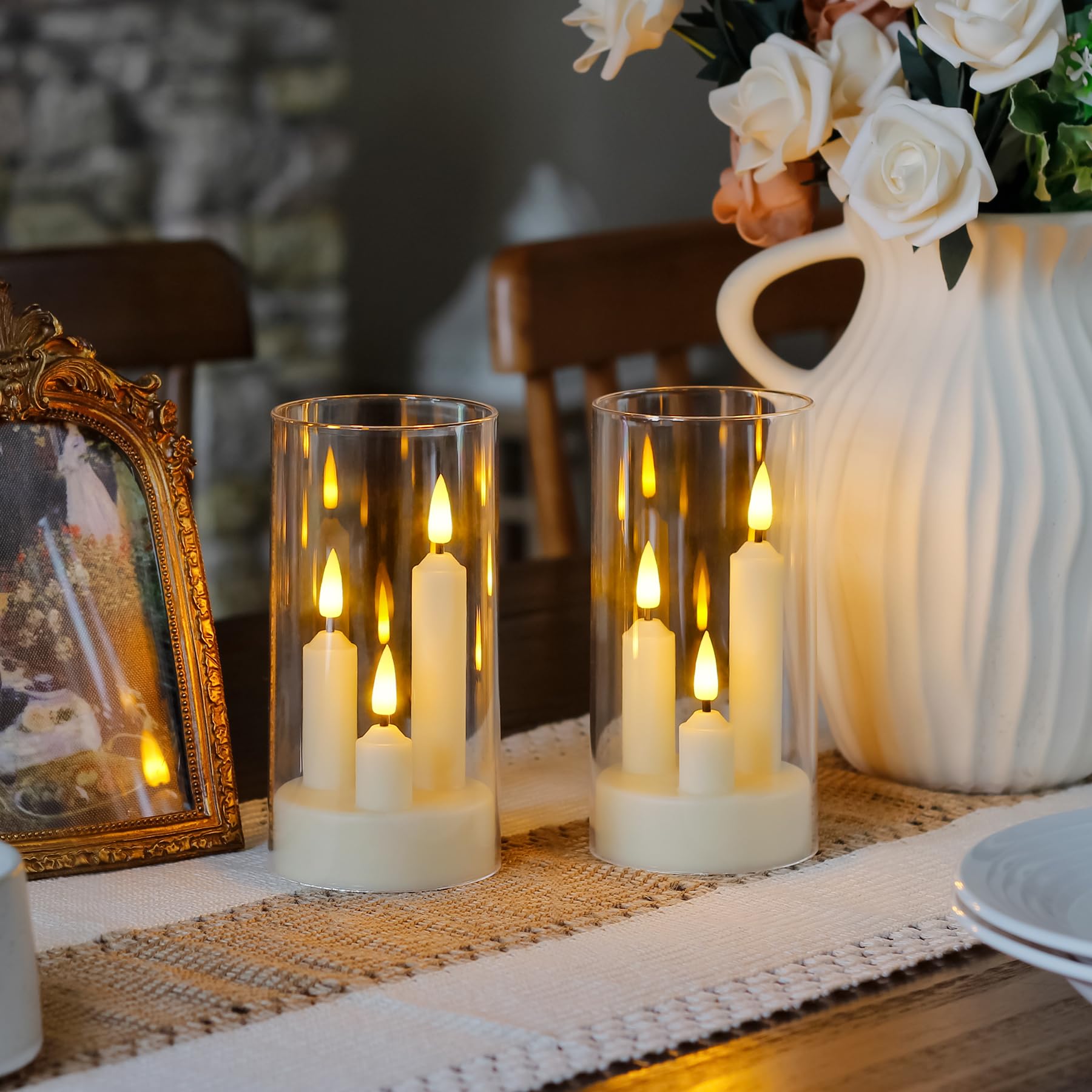 Zevanor LED acrylic tapers with varying heights create a layered candlelight effect at home.