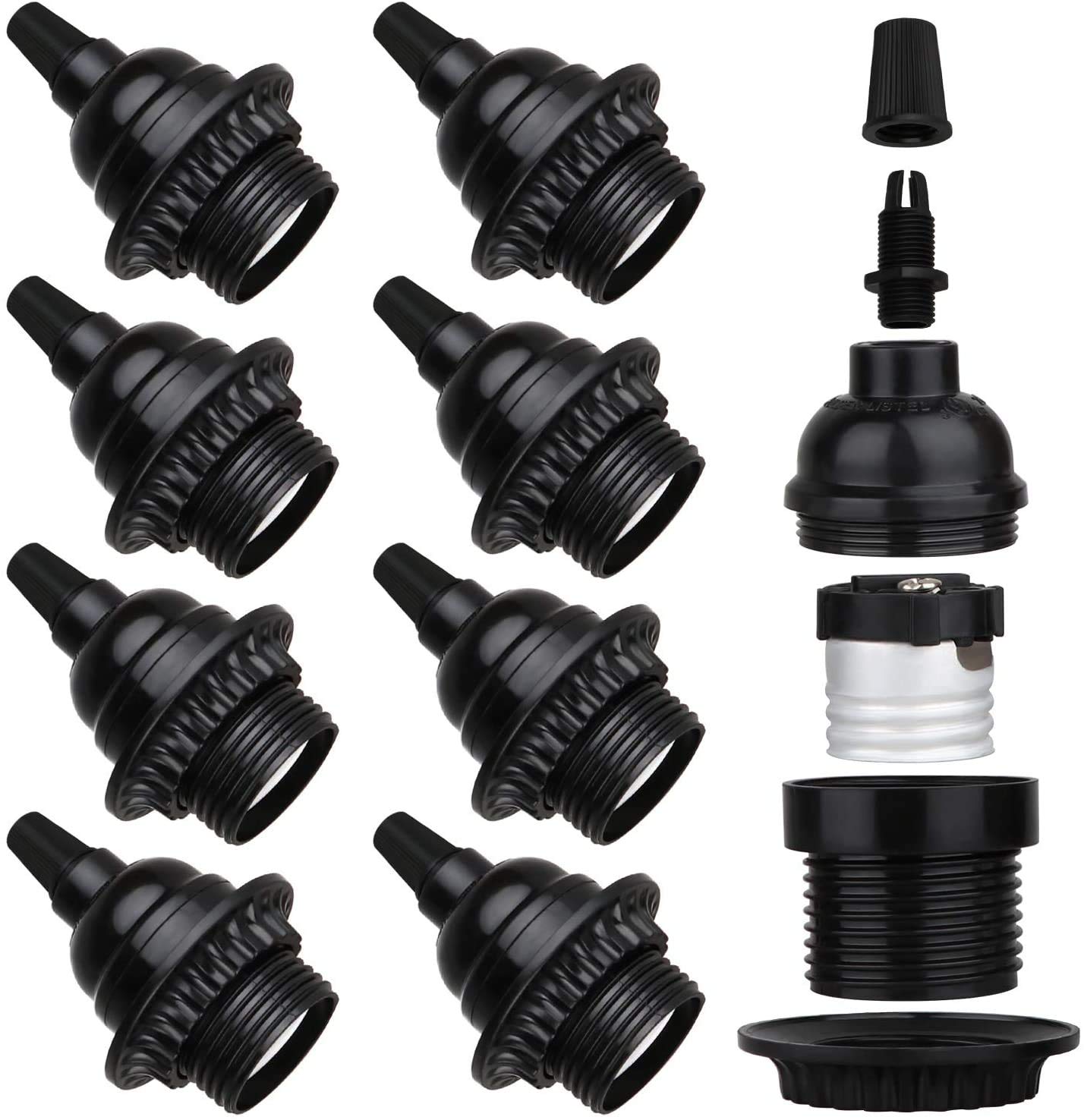 Zevnico E26/E27 socket in black with bakelite core for durable indoor lighting.