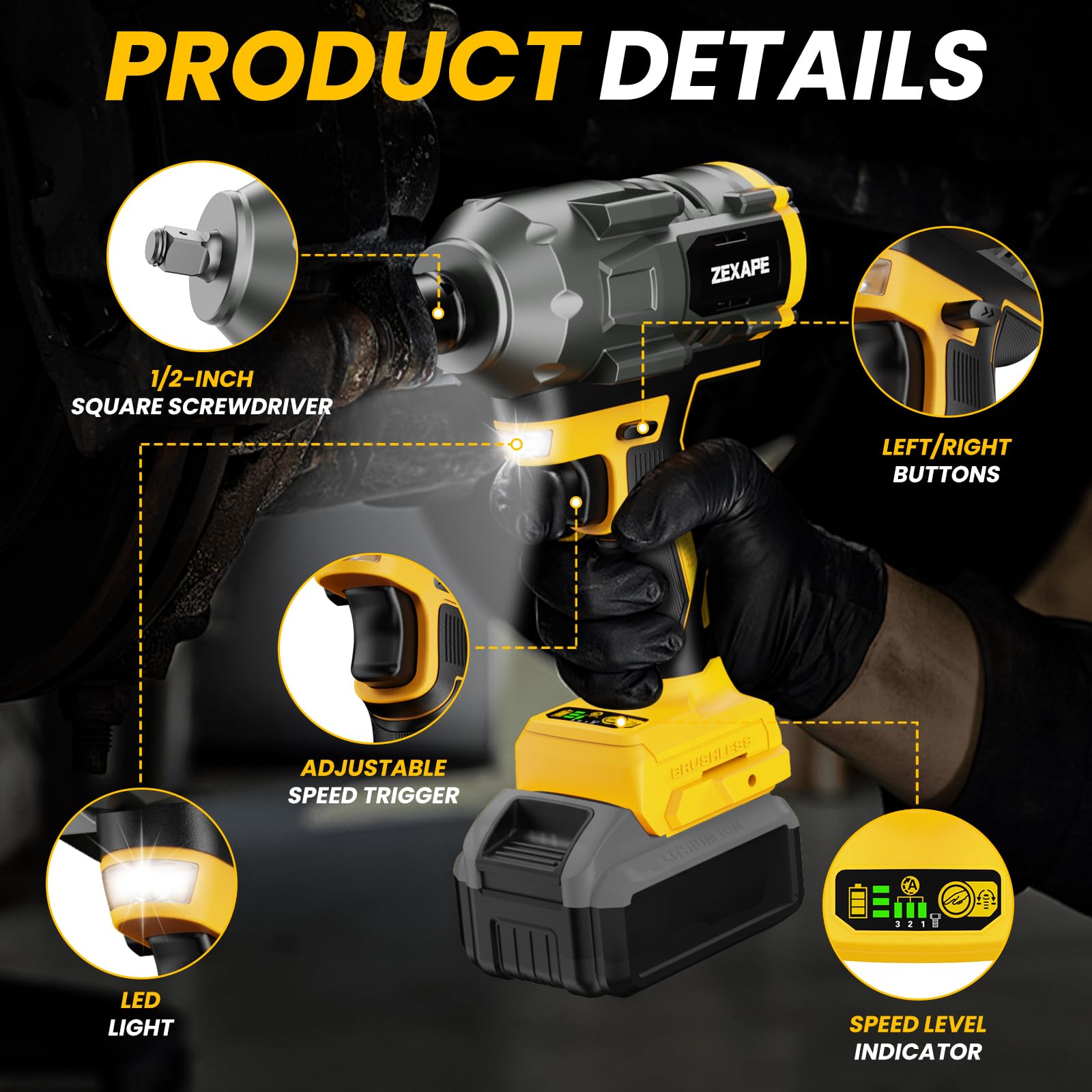 ZEXAPE impact wrench is compatible with Dewalt 20V batteries.