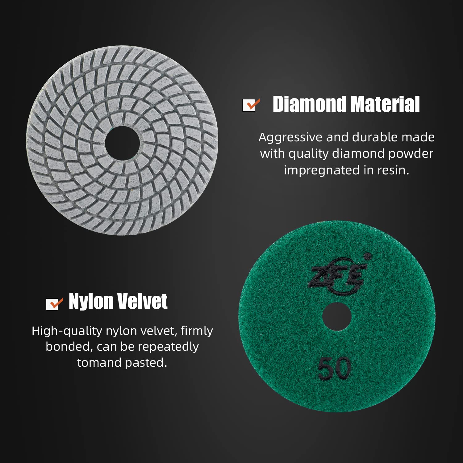 ZFE Diamond Wet Polishing Pad 400 grit close-up reduces dust and maintains shine