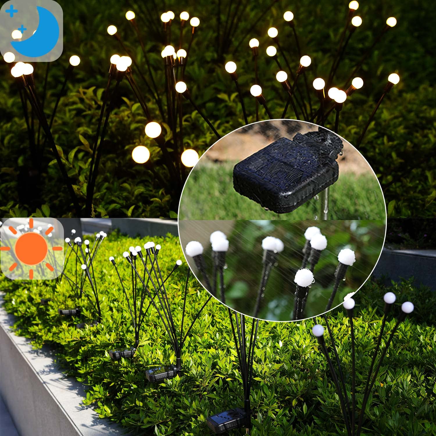 ZFNN solar panel charging unit keeps lights ready for night-time ambience.
