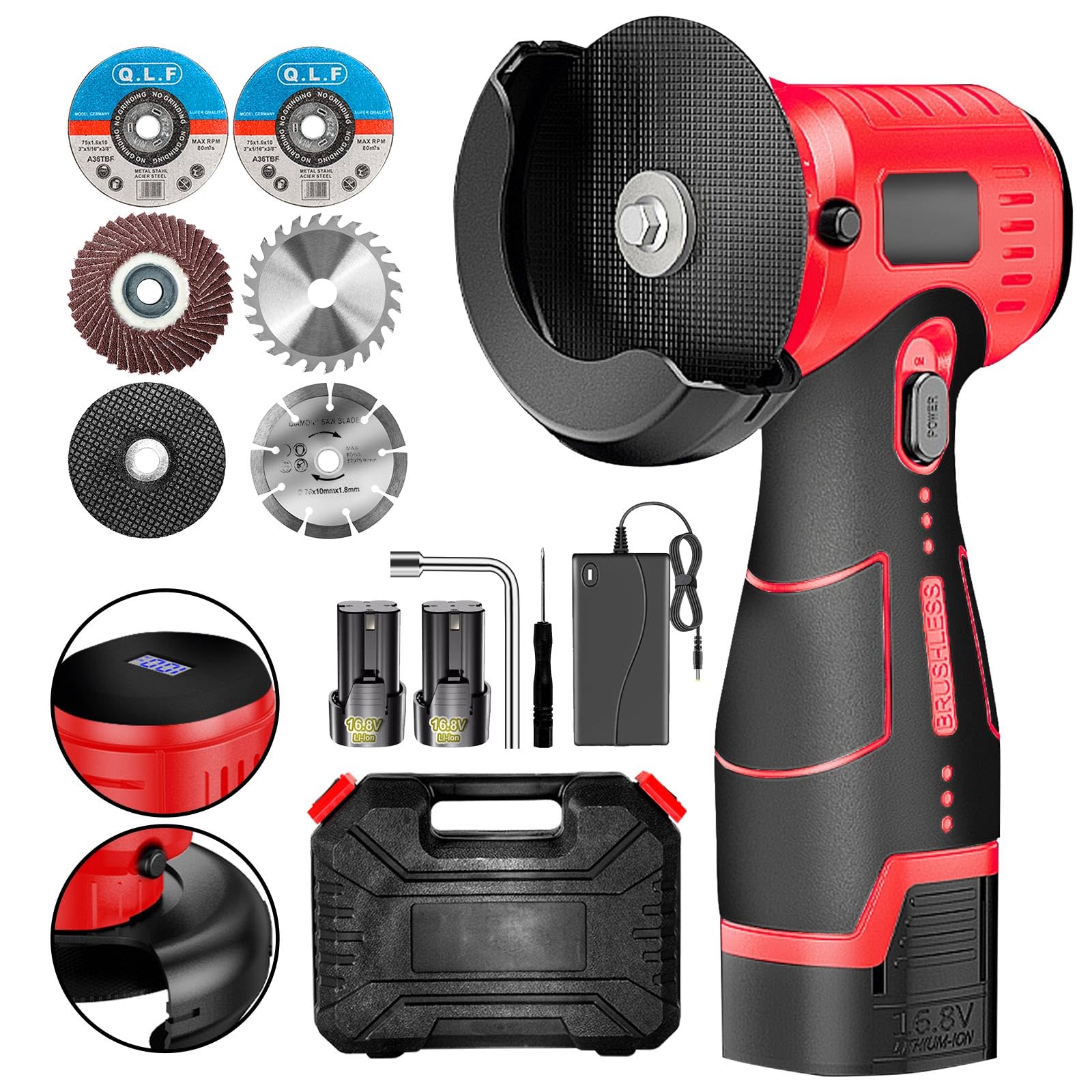 ZFULVO angle grinder with battery display for real-time power monitoring and planning.