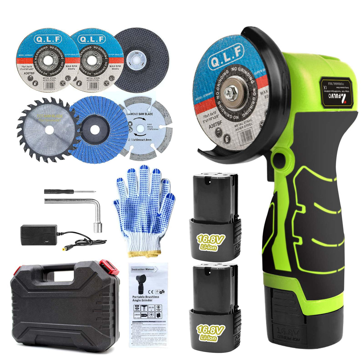 ZFULVO cordless angle grinder kit for versatile metal and wood cutting.