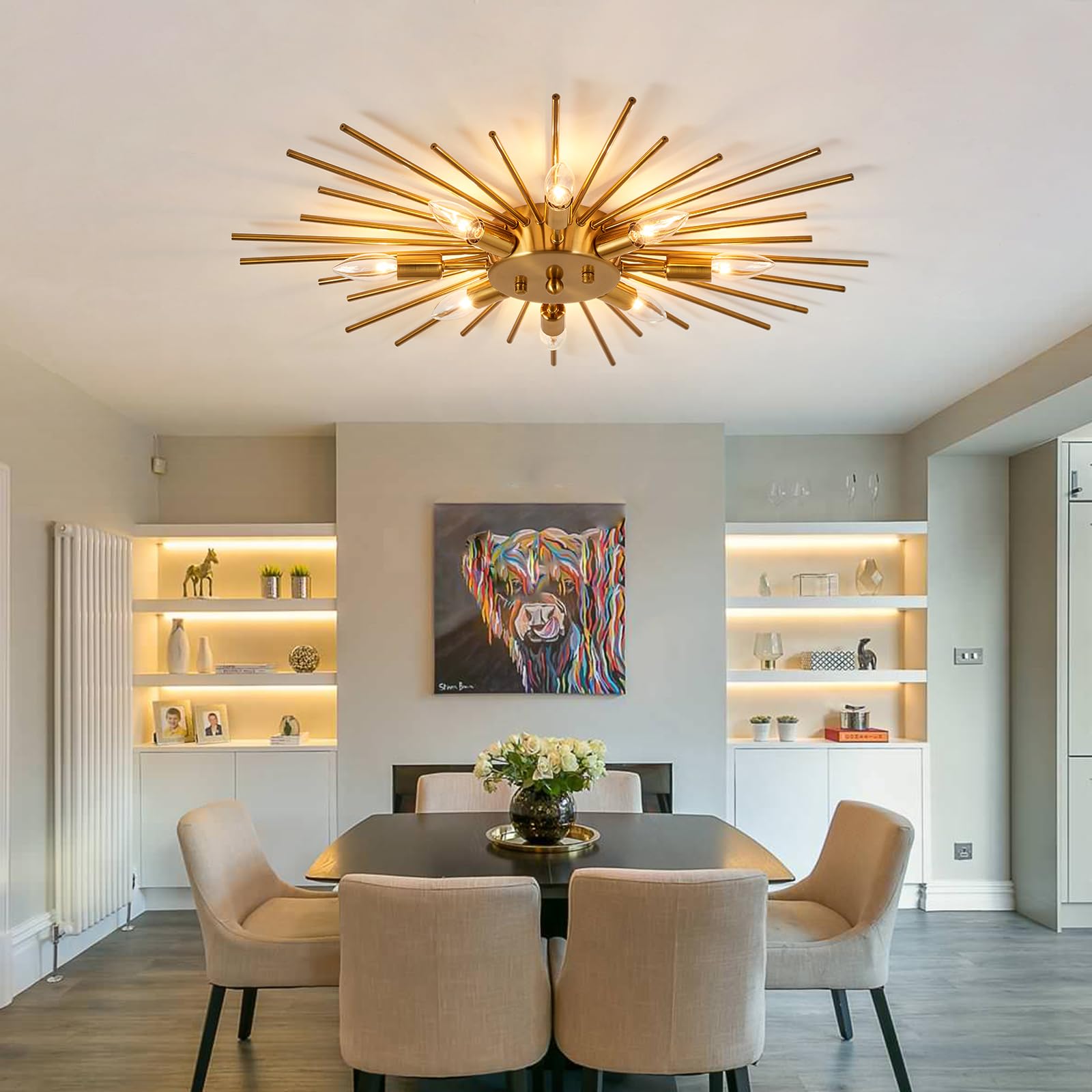 ZGLAOJT brass finish contrasts with white ceilings for elegance.