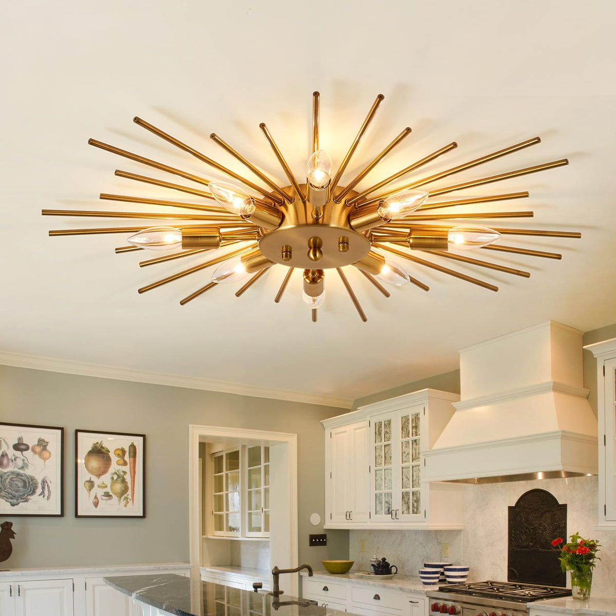ZGLAOJT gold semi-flush chandelier over dining table adds warm ambiance.