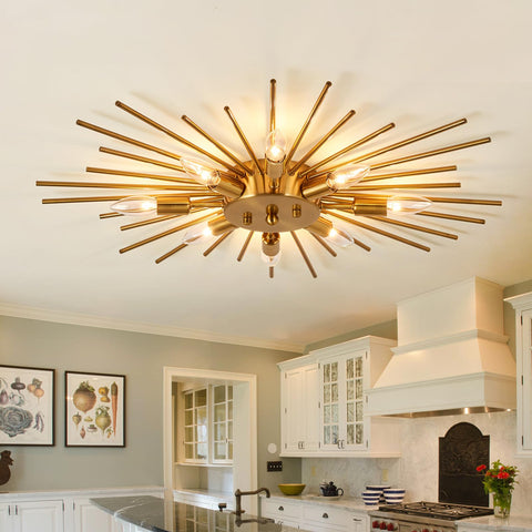 ZGLAOJT gold semi-flush chandelier over dining table adds warm ambiance.