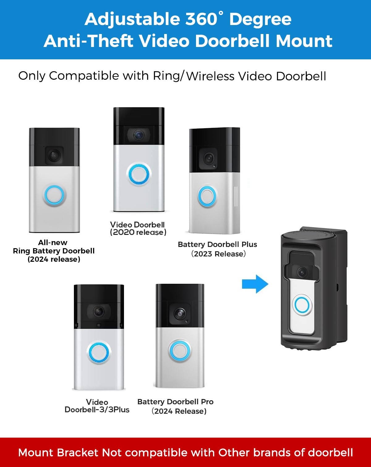 ZHANDEYUA anti-theft doorbell mount with adhesive install enables quick, damage-free mounting.