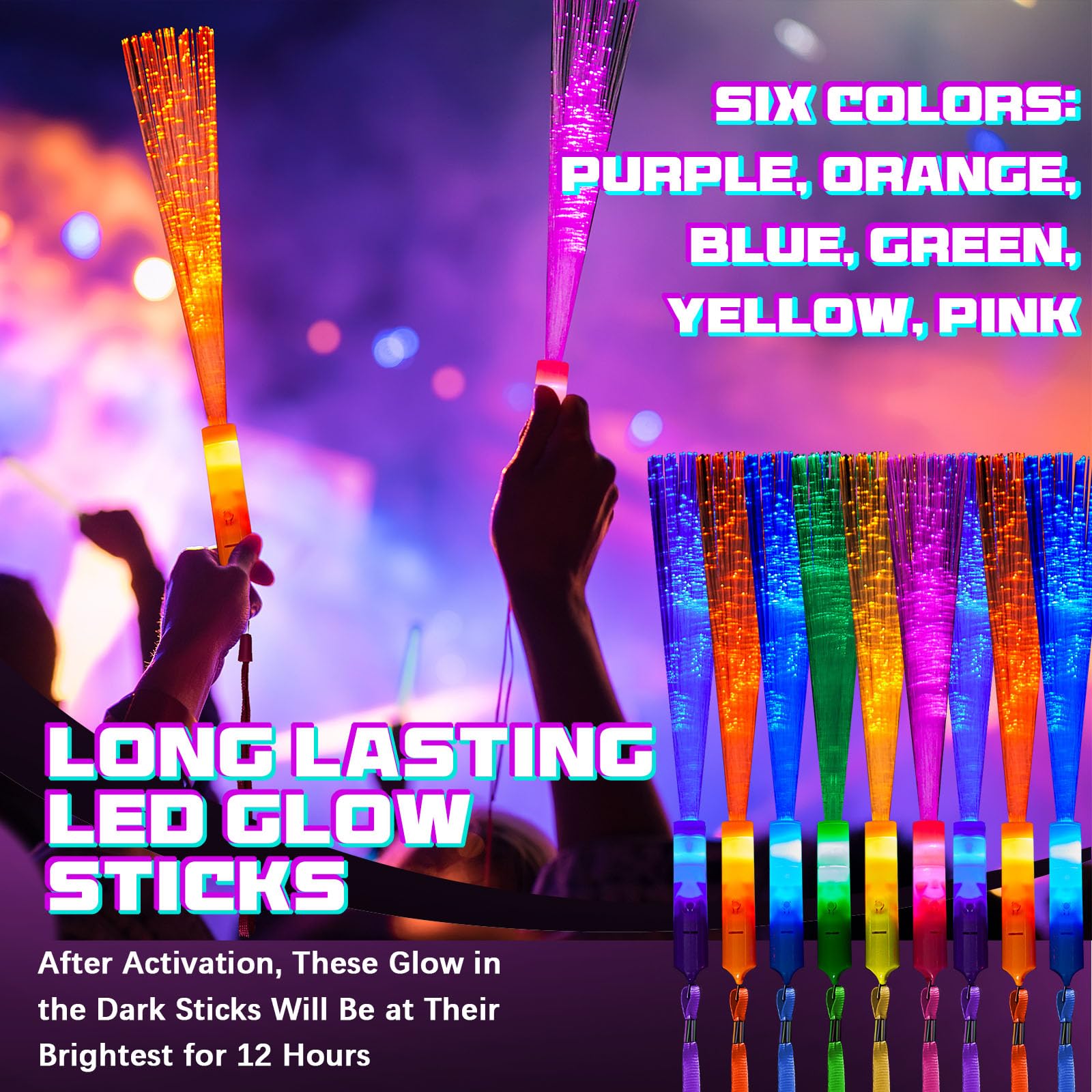 Zhanmai glow wands illuminate a concert or party scene with energy.